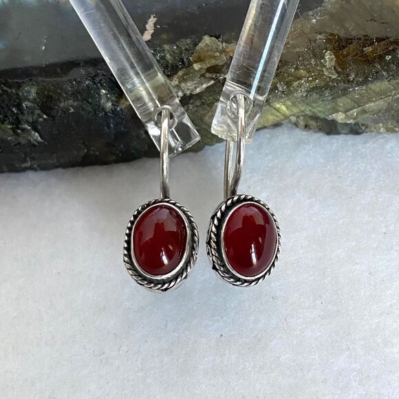 Sterling Silver 925 Oval Bezel Set Garnet Cabochon Dangle Drop Earrings - Picture 1 of 16
